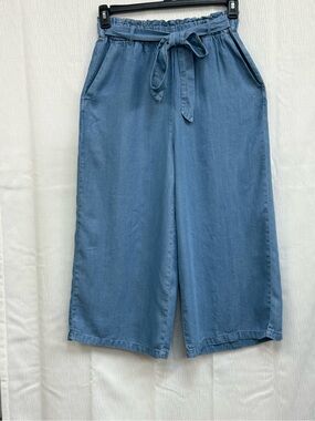 Love Tree Light Blue Wide-Leg Cropped Pants with Tie Waist
